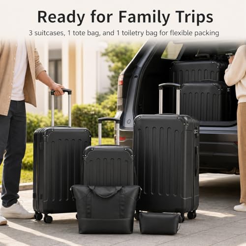 YOETEY 5-Piece Hardshell Luggage Sets, 20/24/28 Inch, Black - color: Black, size: 5-Piece Set