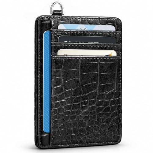 Coco Rossi Crocodile Wallet Women Slim Credit Card Holder with Keychain - color: A Black Croc