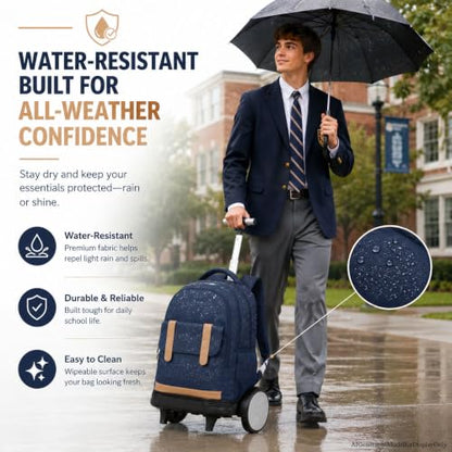 KLFVB Rolling Backpack for Men & Women with Big Quiet-Glide Wheels, 3-in-1 Wheeled Commuter Set with Lunch Bag | Water-Resistant Roller Bookbag for Work, School, Travel - Blue - color: Boys Rolling Backpack with Big Wheels - Blue