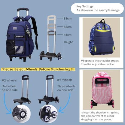 MITOWERMI Rolling Backpack with Wheels for Girls Boys, White 6 Wheels - color: 6-wheel White, size: 6-Wheel