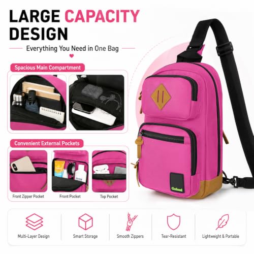 Sling Bag Crossbody Shoulder Bag for Men Women,Waterproof Lightweight Casual Daypack with Multi-Pockets - color: Rose