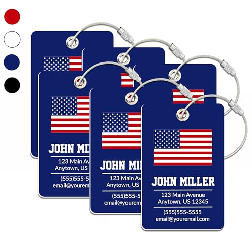 Personalized Luggage Tag with American Flag | 6 Pack | Custom Luggage Tags for Suitcases | Kids Backpack Tag | 4 Color Options & Choose Font, Font Color - color: Dark Blue, size: 6 pack - Large