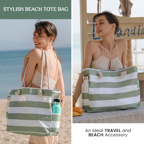 Clothirily Beach Bag for Women, Large Beach Tote Bag Waterproof with Zipper - color: Green