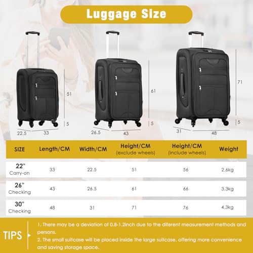 Softside Luggage Expandable 3 Piece Set Suitcase with Duffel Bag Upright Spinner Softshell Lightweight Travel Black Essential