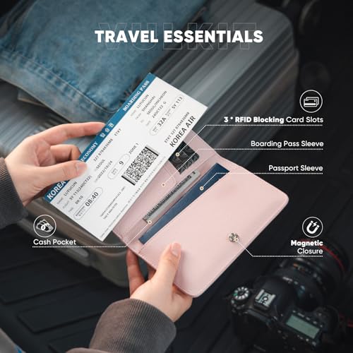 VULKIT Passport Holder Magnetic Closure RFID Blocking Travel Wallet Passport Book Cover Boarding Pass Holder Travel Essentials - color: Grain Pink