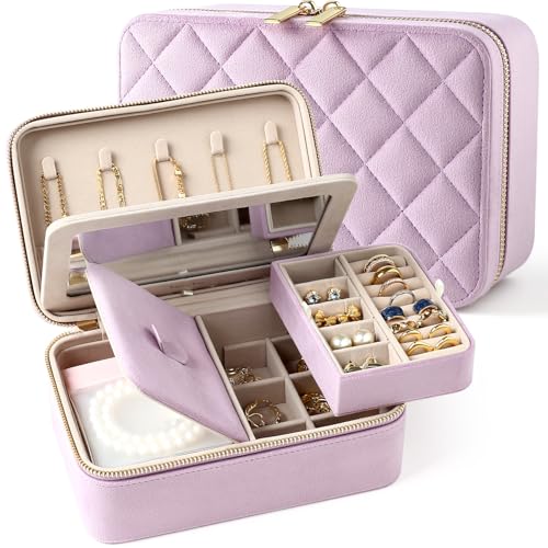 Velvet Travel Jewelry Organizer Case with Large Mirror for Women - color: Lavender