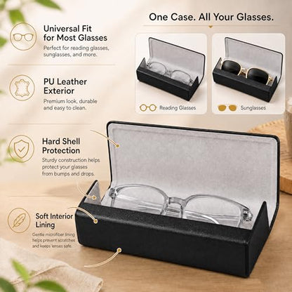 Double Sided Glasses Case Hard Shell,Sunglasses Case & Eyeglass Case with Cleaning Cloth & Storage Pouch - color: Black