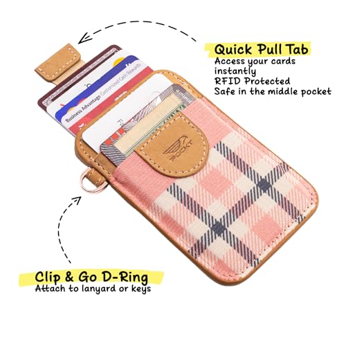 POCKT Elastic Card Holder Wallet for Women and Men, Genuine Leather Slim RFID Blocking Front Pocket Credit Card Holder, Cute Small Minimalist Wallet | Pink Plaid - color: Pink Plaid