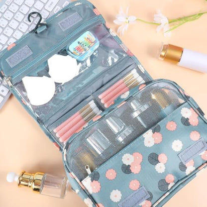 Hanging Toiletry Bag for Women, Portable Cosmetic Summer Beach Bag, Floral - color: Blue