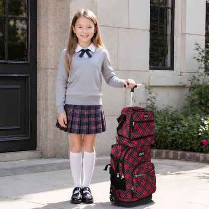 Tilami Rolling Backpack for Kids 19 inch with Lunch Bag Wheeled Laptop Backpack,Red grid - color: Red Grid
