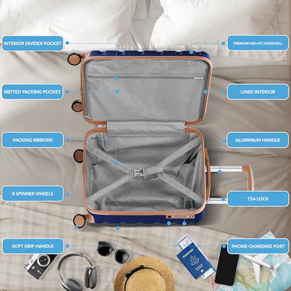 Flight Knight 21.5x15.5x9 Expandable Carry On Suitcase Hardside TSA Lock & USB C Port Lightweight Luggage Silent Double Spinner Wheels Maximum Canada Air Overhead Bag Airlines Approved Navy/Tan - color: Navy/Tan, size: 21.5x15.5x9"