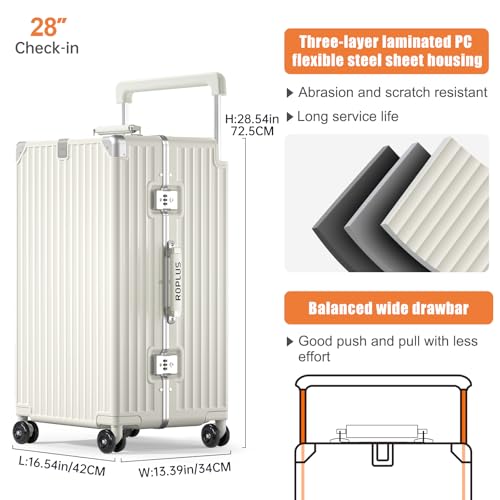 ROPLUS Aluminium Frame Checked-Luggage with Smooth Jelly Wheels, Hardside Zipperless Rolling Suitcase with TSA Lock (Pure White, 28-Inch) - color: White, size: 28 inch