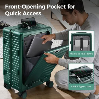 Carry on Luggage Aluminium Frame with Cup Holder,Top opening Suitcases and USB Charging Port,Lightweight with Front Pocket Rolling Suitcases with Spinner Wheels (Green, 20Inch) - color: Green