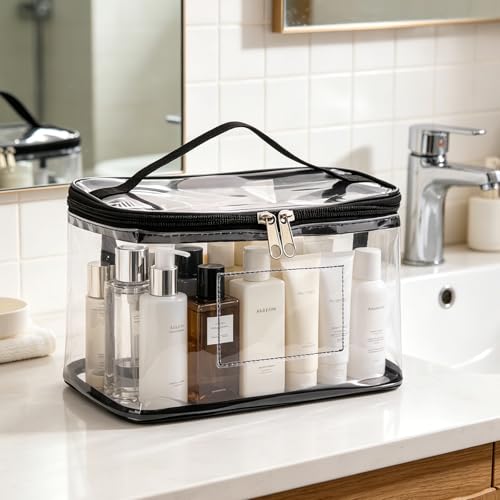 Clear PVC Travel Toiletry Bag, Waterproof Transparent Cosmetic Makeup Organizer with Handle & Zipper, TSA Approved Carry Pouch for Bathroom, Travel, Gym, Shower & Storage