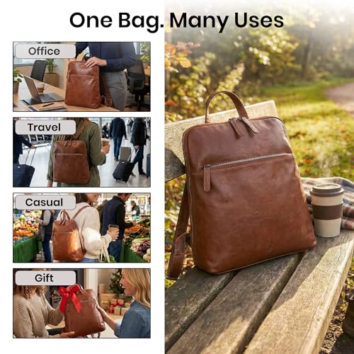 Genuine Leather Backpack for Women, 12.5 Inch, Tan - color: Tan