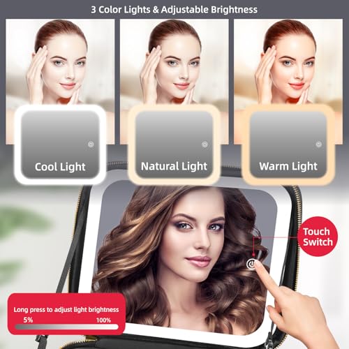 Travel Makeup Bag with Mirror of LED Lighted, Makeup Train Case with Adjustable Dividers, Makeup Case with Mirror and Detachable 10x Magnifying Mirror - color: Black
