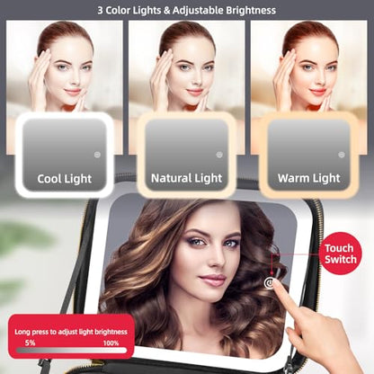 Travel Makeup Bag with Mirror of LED Lighted, Makeup Train Case with Adjustable Dividers, Makeup Case with Mirror and Detachable 10x Magnifying Mirror - color: Black