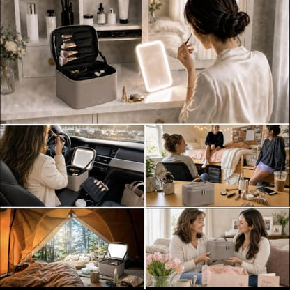 Travel/Daily Makeup Bag/Cosmetic Case with Detachable LED Mirror - color: Taupe