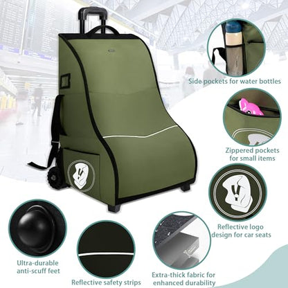 Rolling Car Seat Travel Bag with Wheels – Car Seat Backpack Transport Case for Airplane Travel, Fits Convertible & Booster Seats, Protective Storage Cover, (Green) - color: Green
