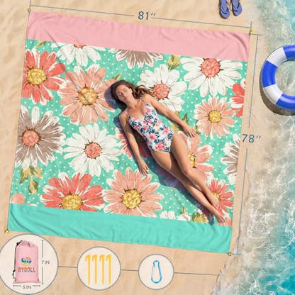 Beach Blanket Waterproof Sandproof 78''X81''/78''X110'' Large Beach Towel - color: Flowers, size: 78''X81"