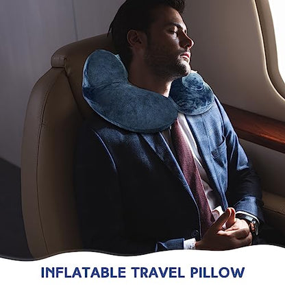 Xtinmee 2Pcs Self-Inflatable Pillow Soft Airplane Travel Pillow with Compact Bag for Long Flight Neck Cushion for Head Support Car Home Office 12.2x11.81x5.91in(Navy Blue) - color: Navy Blue
