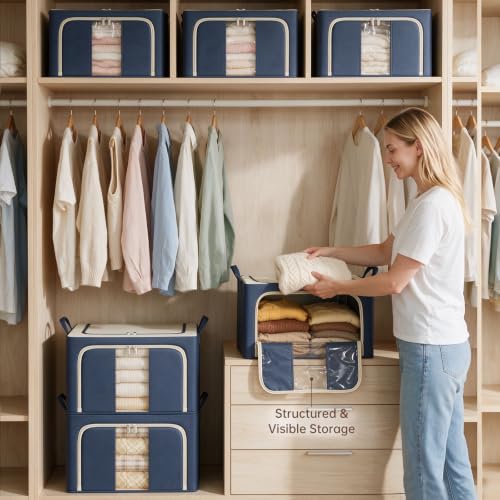 3 Openings Clothes Storage Bins with Metal Frame，24L (navy blue) - color: Navy Blue, size: 24L（15.7“X11.81"X7.87")