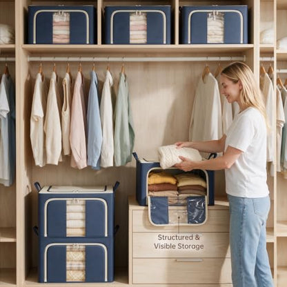 3 Openings Clothes Storage Bins with Metal Frame，24L (navy blue) - color: Navy Blue, size: 24L（15.7“X11.81"X7.87")
