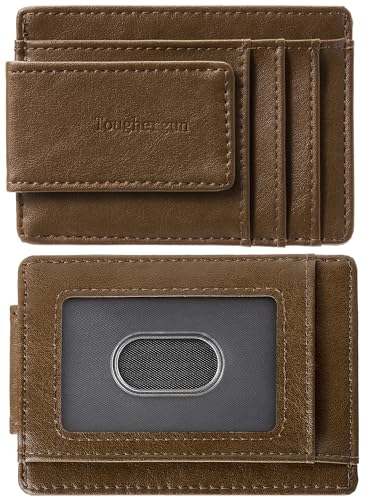 Toughergun Slim Wallet for Men RFID Blocking Money Clip, Minimalist Front Pocket Credit Card Holder, Magnetic Thin Mens Wallets with ID Window - color: Wax Brown