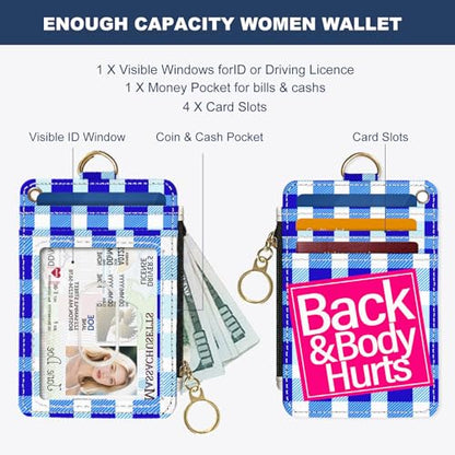 Slim Wallet Credit Card Holder, Blue Checkered X, RFID Wallet Women Cute Small Front Pocket Wallet With Zipper, PU Leather Thin travel RFID Blocking Card Case ID Window,Ladies Gifts - color: Back