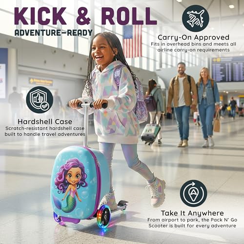 Kids Ride-On Scooter Suitcase, Carry-On Luggage, Ages 4+ - style: Mermaid