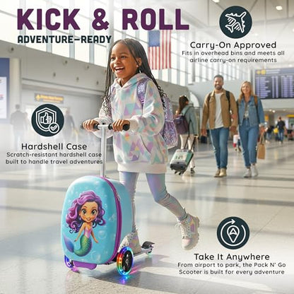 Kids Ride-On Scooter Suitcase, Carry-On Luggage, Ages 4+ - style: Mermaid