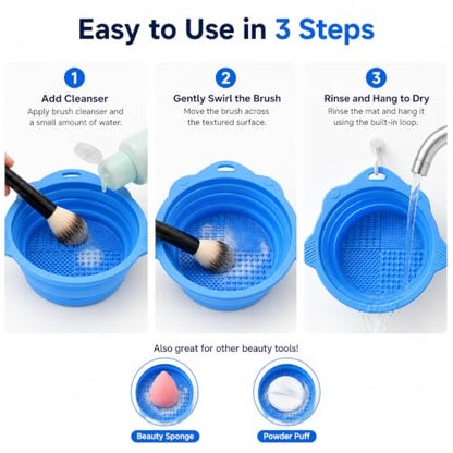 1 Pack Silicone Makeup Brush Cleaning Mat, Foldable Blue Textured Cleaner Pad with Hanging Loop, Portable Brush Wash Tool for Cosmetic Brushes