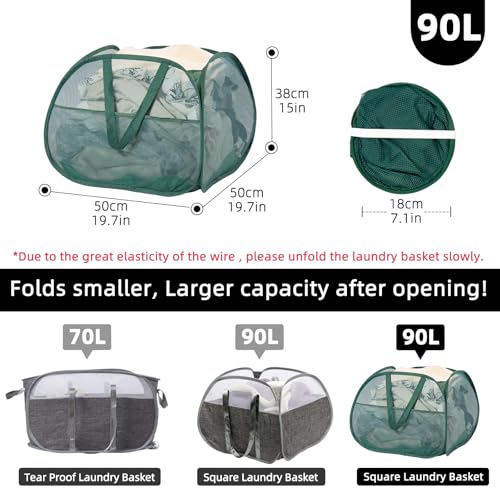 Collapsible Laundry Basket, 90L Mesh Pop-up Hamper with Handles - color: Green, size: Square-Mesh，1 Pack