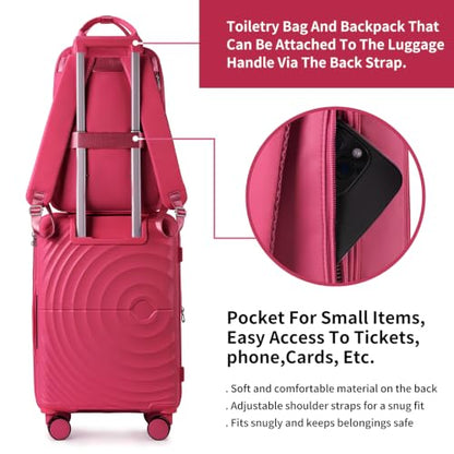 LARVENDER Expandable Carry On 3 Piece Luggage Set with Backpack 20 Inch - color: Rose Red, style: 3 Piece Sets