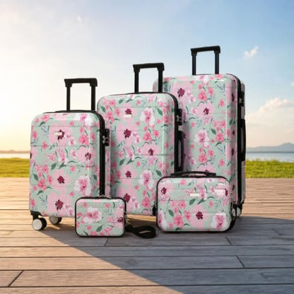 5-Piece Hardside Lightweight Impact-Resistant Luggage Set with 20/24/28 Inch Suitcases, 8/14 Inch Carry Cases, Combination Lock, Smooth Spinner Wheels for All Travel Needs - color: Green & Pink Flower