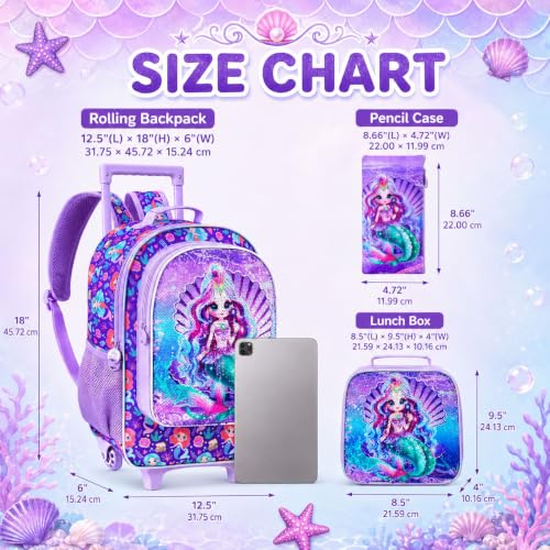 gxtvo Kids Rolling Backpack, Roller Wheels Boys Bookbag, Wheeled Suitcase Elementary School Bag-3PCS Dinosaur/Unicorn/Mermaid - color: Sequins Mermaid Rolling Backpack Purple