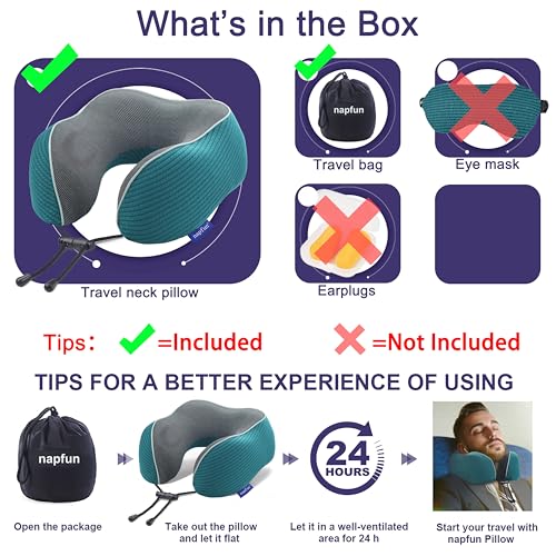 napfun Neck Pillow for Travel, Memory Foam Airplane Pillow, Teal - color: Teal
