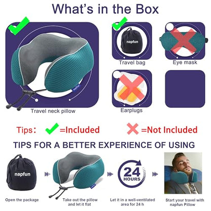 napfun Neck Pillow for Travel, Memory Foam Airplane Pillow, Teal - color: Teal