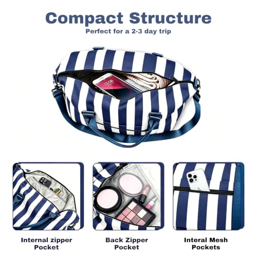 Travel Duffle Bag for Women, Carry On Weekender Tote with Trolley Sleeve - color: Navy Blue White