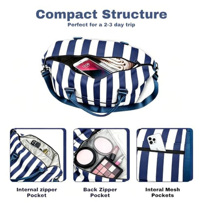 Travel Duffle Bag for Women, Carry On Weekender Tote with Trolley Sleeve - color: Navy Blue White