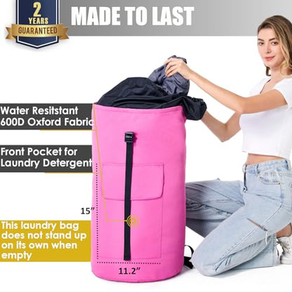 Backpack Laundry Bag, 115L Heavy Duty Extra Large College Laundry Backpack, Dirty Clothes Bag with Shoulder Straps, Laundry Hamper Bag with Drawstring Closure for College Dorm, Apartment Pink - color: Pink