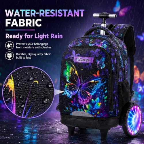 3Pcs Rolling Backpack for Girls with Light Up Wheels, Detachable Large Wheels, Kids Butterfly Wheeled Backpack Set for Elementary School Travel (Black) - color: Butterfly Black