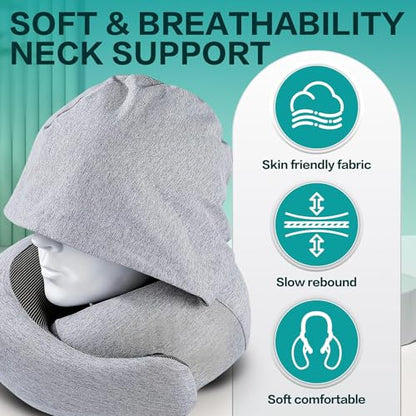 Travel Pillow with Hood - Memory Foam Neck Pillow for Airplane