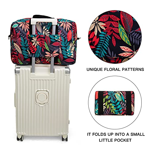 Foldable Travel Duffel Bag, Medium Women's Weekender and Overnight bag carry on Luggage bag for Women - color: Red Leaves