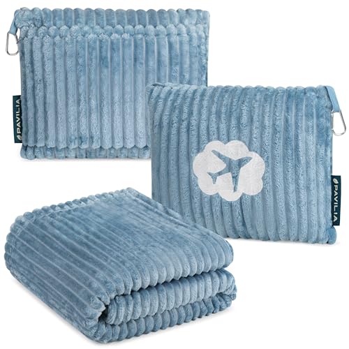 PAVILIA Travel Blanket Pillow, Soft Ribbed Fleece Airplane Blanket, Blue - color: Dusty Blue