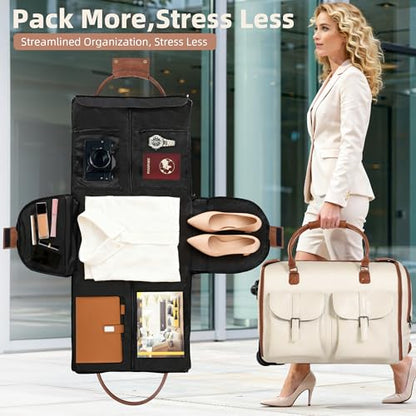 Garment Bags for Travel, 2-in-1 Convertible Rolling Duffle Bag with Wheels, Modern Carry-on Travel Bag for Suits, Foldable Suit Bag, Telescopic Handle, Hanging Hook - color: Beige
