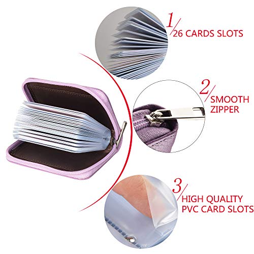 Easyoulife Genuine Leather Credit Card Holder Zipper Wallet With 26 Card Slots - color: Light Purple, size: small
