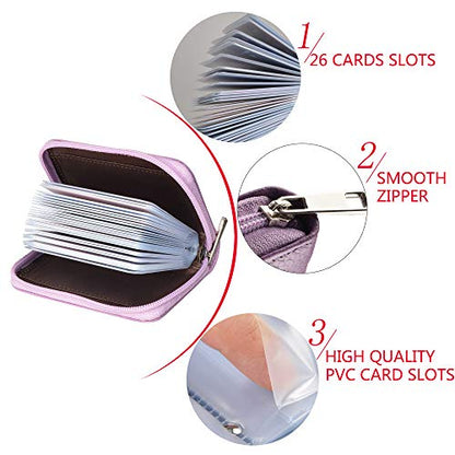 Easyoulife Genuine Leather Credit Card Holder Zipper Wallet With 26 Card Slots - color: Light Purple, size: small