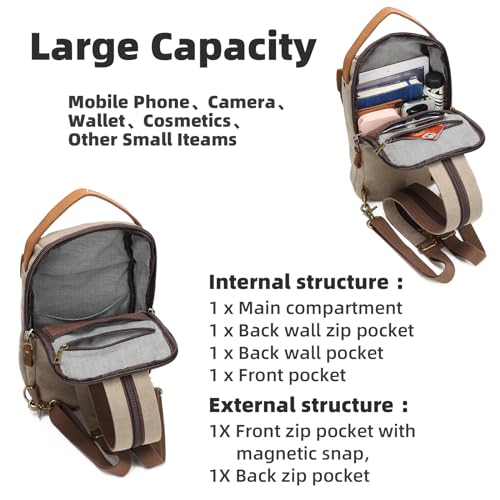 KL928 Canvas Sling Bag for Men Women, Casual Crossbody Backpack Travel Shoulder Daypacks Rucksack - color: Khaki