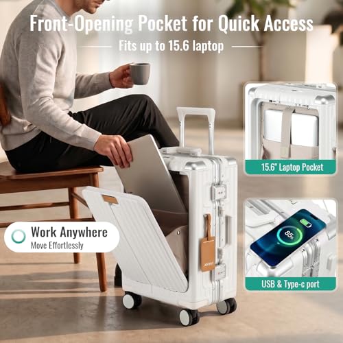 Joyway Front Opening PC Aluminum Carry On Luggage, Business Travel Hard Shell Suitcase with Laptop Compartment, Braking Spinner Wheels and Phone Holder, 20 Inch - color: White, size: 20 Inch